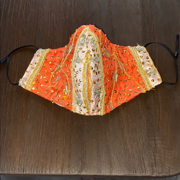 Hand Crafted Accessories - Face Mask Orange with sequins and braids B